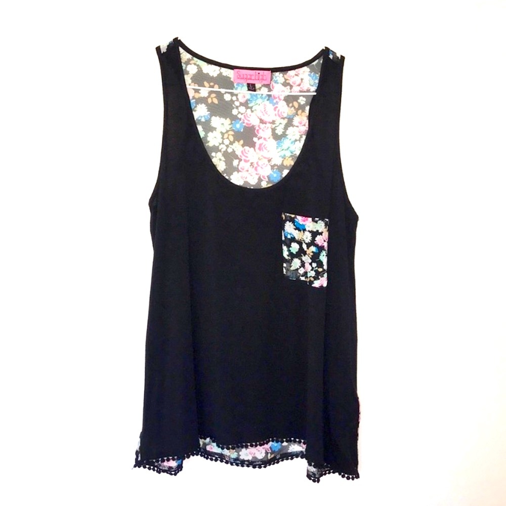 SUGAR HIGH | Floral Sheer Back Pom Trim Tank Top